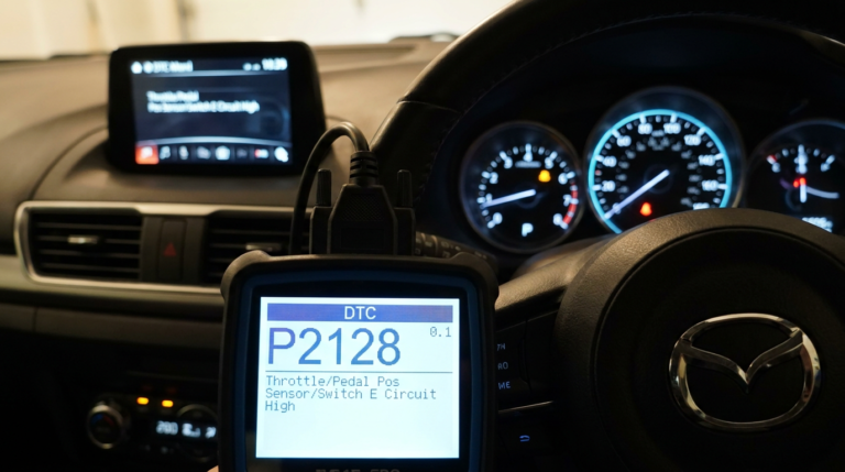 Mazda dashboard with a diagnostic tool displaying DTC code P2128 on a digital readout, focused on the vehicle interior.