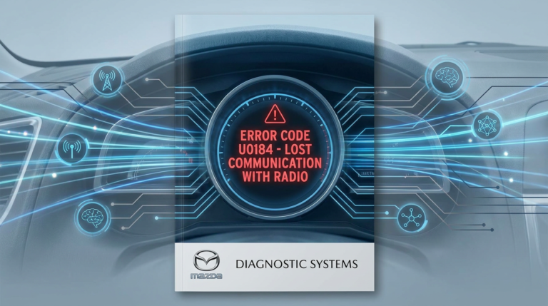 Digital Mazda dashboard display highlighting error code U0184 with sensor icons and circuit lines in a blue and grey technical style.