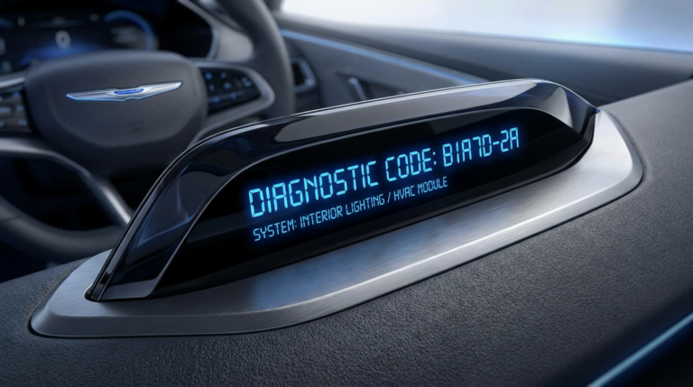 Digital diagnostic screen displaying code B1A7D-2A over a Chrysler dashboard backdrop with a sleek modern automotive technology look