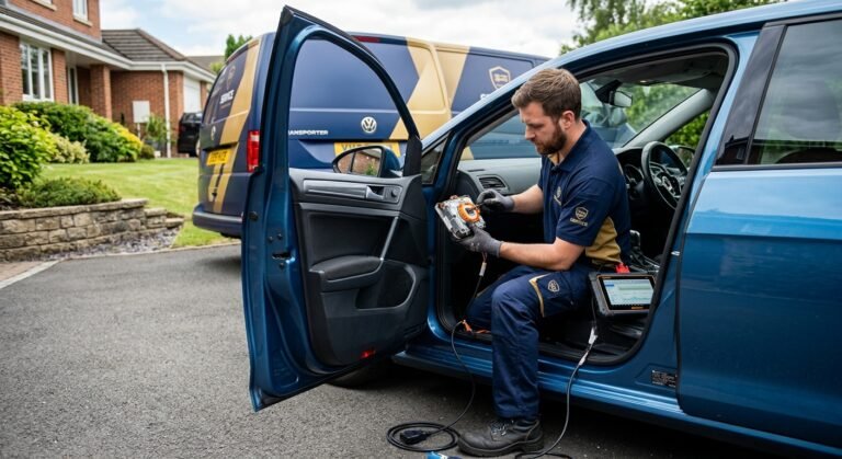 Technician performing airbag computer reset with diagnostic tool on vehicle module