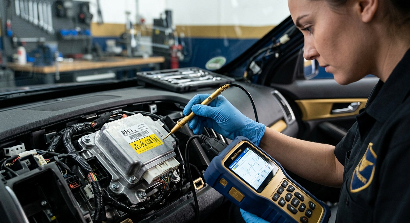 Close-up of SRS airbag control module connected to diagnostic tool