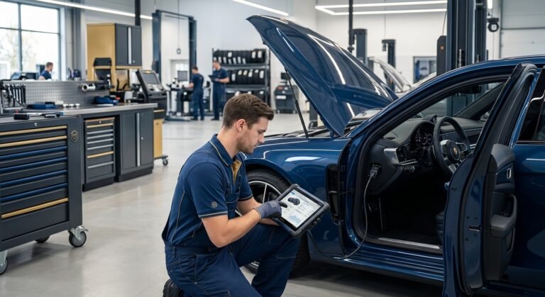 Technician performing airbag computer reset diagnostics on a car in a garage