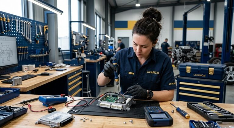 Technician inspecting an airbag control module in a workshop