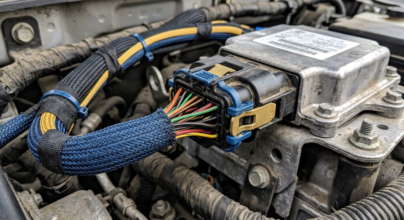 Close-up of airbag control module connector and wiring harness