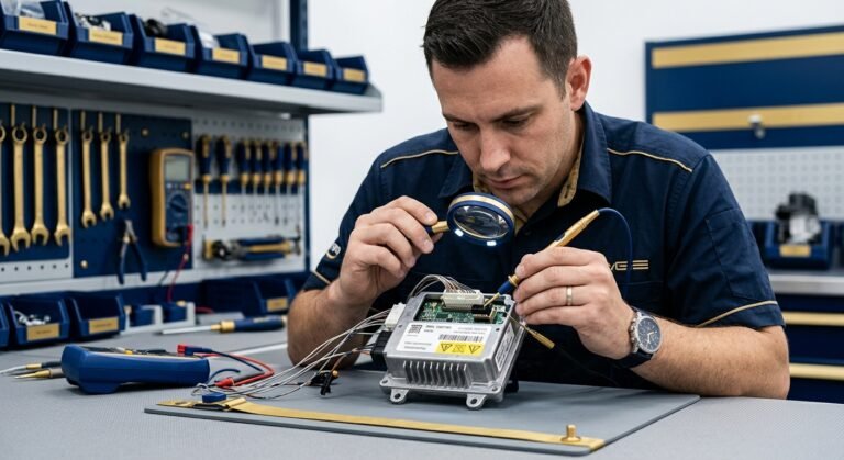 Technician inspecting an airbag control module on a workbench for reset and diagnostics