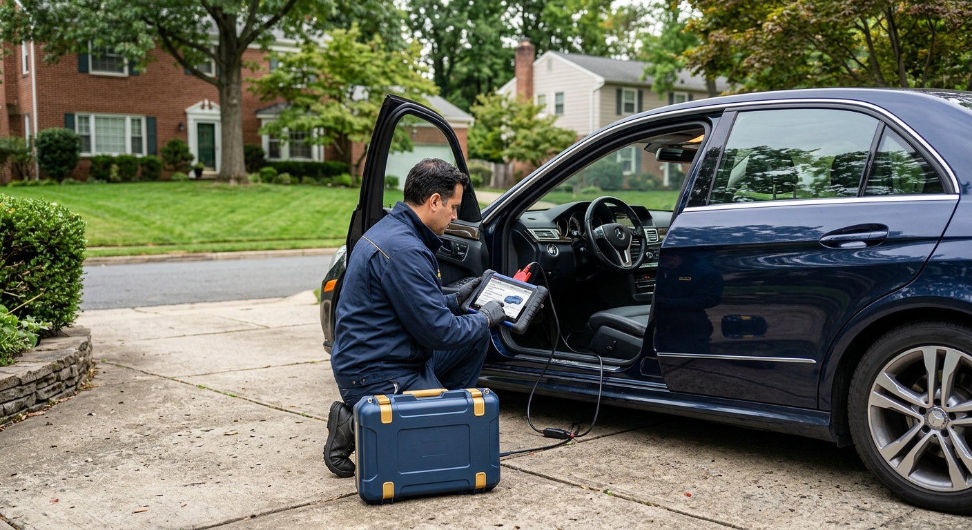Mobile technician using SRS diagnostic tool on a car in a driveway