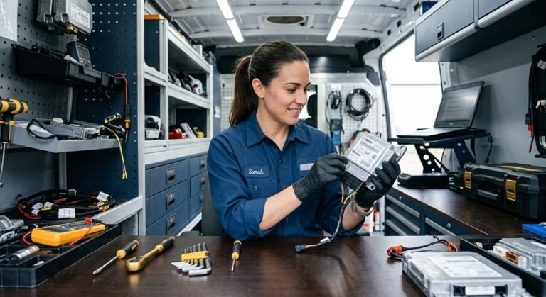 Technician holding an airbag control module in a mobile service van, preparing to reset the module.