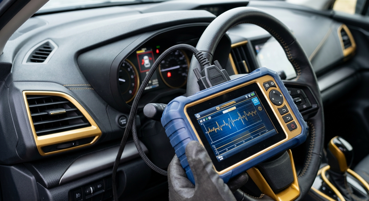 Close-up of an SRS-capable diagnostic tool connected to a car with the airbag (SRS) light visible.