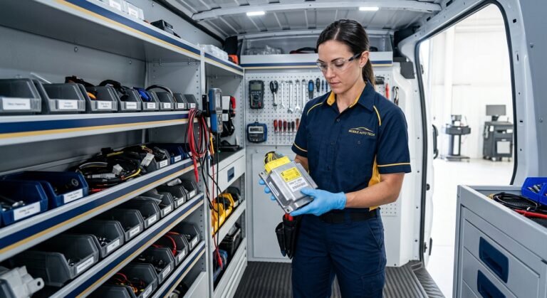 Technician holding an airbag control module ready for crash data reset service