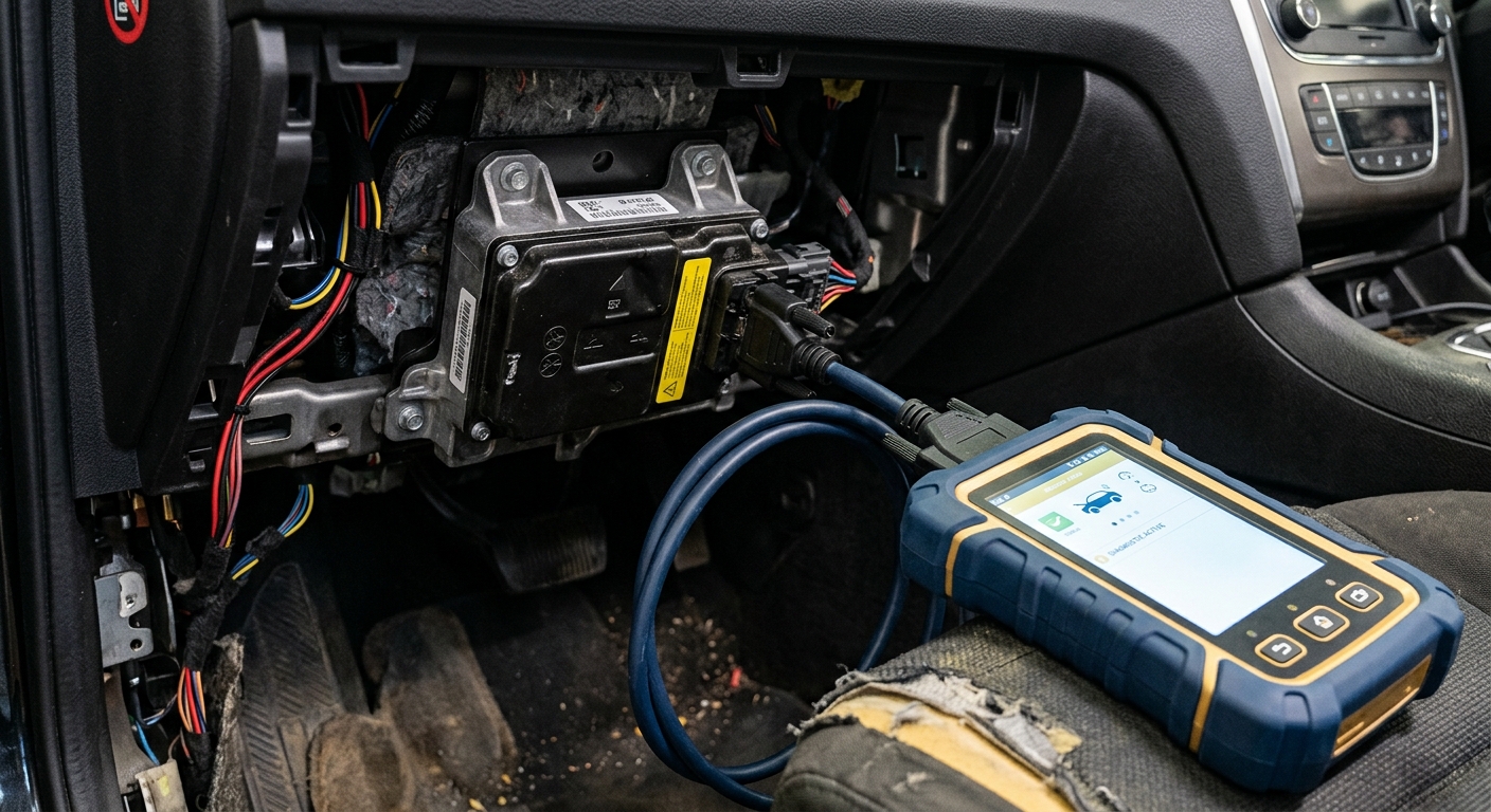 Airbag control module connected to diagnostic tool during crash data reset
