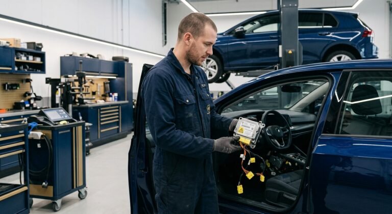 Technician holding an airbag control module ready for crash data reset service