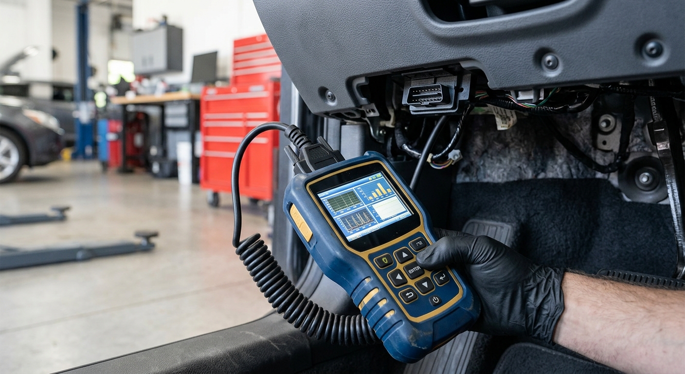 Diagnostic tool connected to a vehicle OBD-II port for SRS scanning