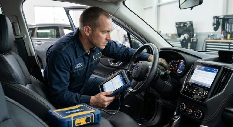 Technician inspecting dashboard with airbag light illuminated after an accident