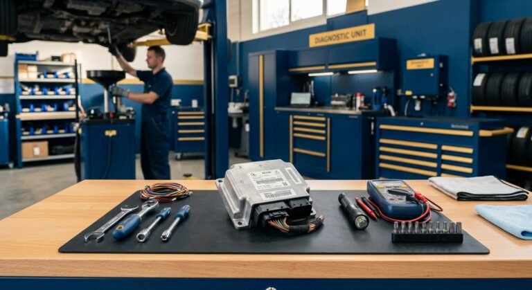 Technician inspecting an airbag control module on a workbench, airbag module replacement topic.