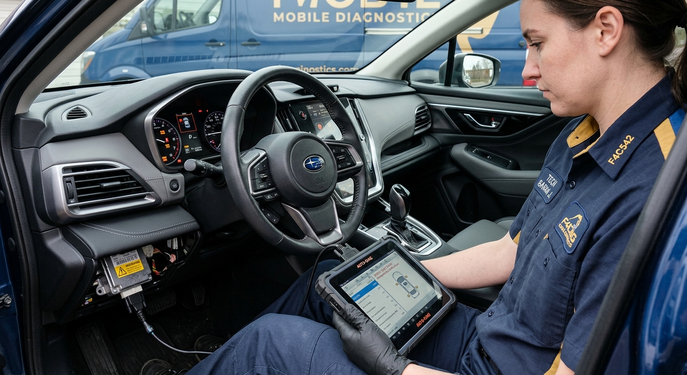 Mobile technician diagnosing an SRS airbag module inside a vehicle.