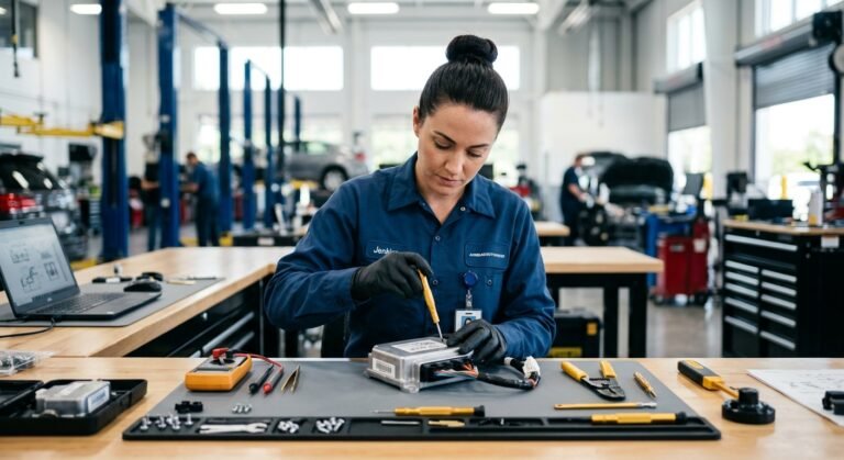 Technician inspecting an airbag control module for airbag module reset service