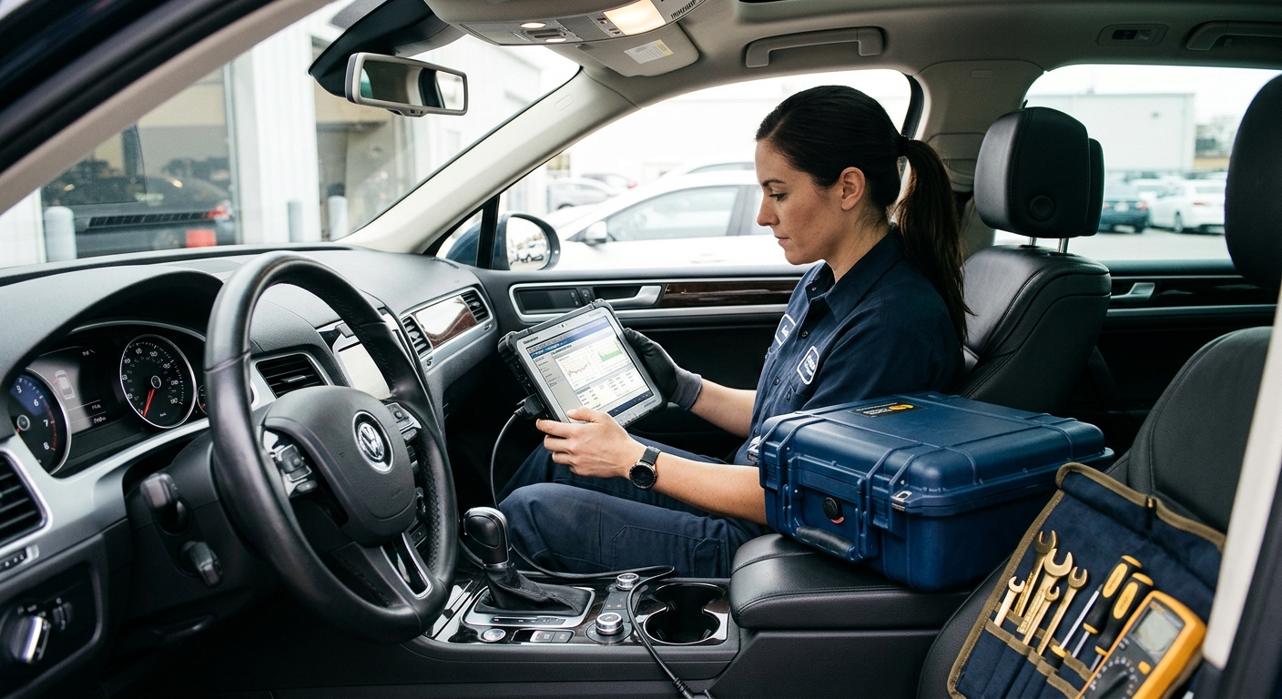 Mobile technician using diagnostic tablet to reset airbag module in vehicle cabin