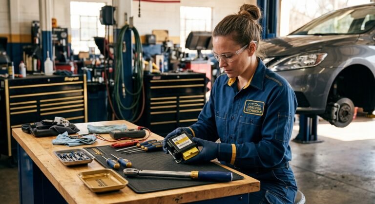Technician inspecting an airbag control module for reset and diagnostics