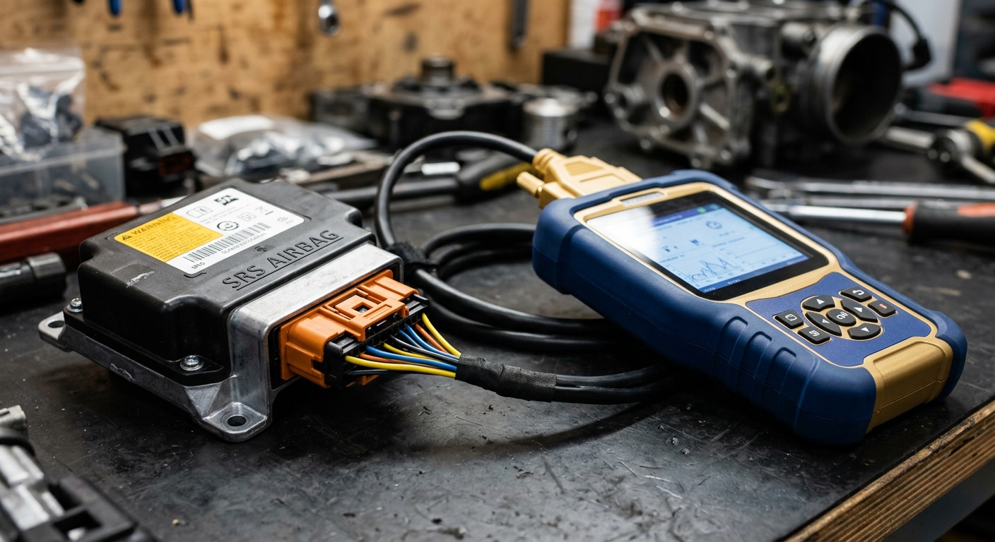 Close-up of airbag control module connected to diagnostic reset tool