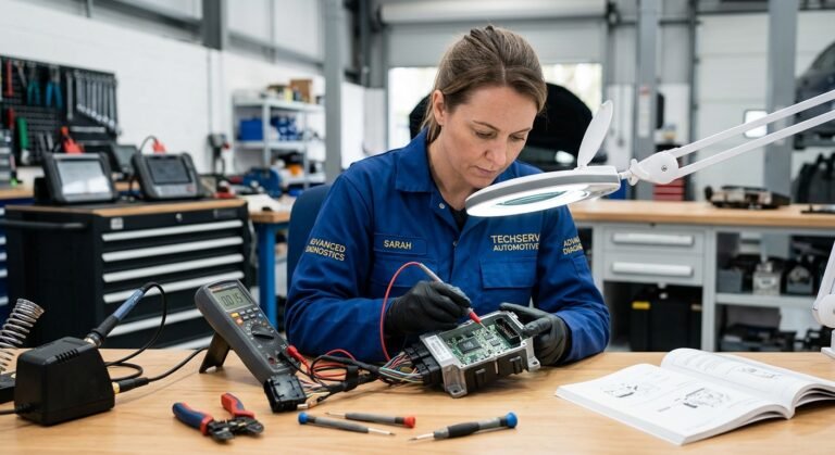 Technician inspecting an airbag control module labeled B0001 airbag code troubleshooting