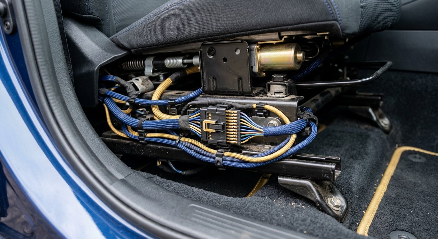Wiring and connectors under a car seat being inspected for airbag faults