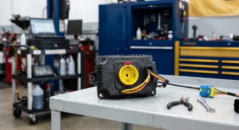 Airbag ECU module pictured on a workbench, related to B1000 ECU internal fault airbag diagnosis.