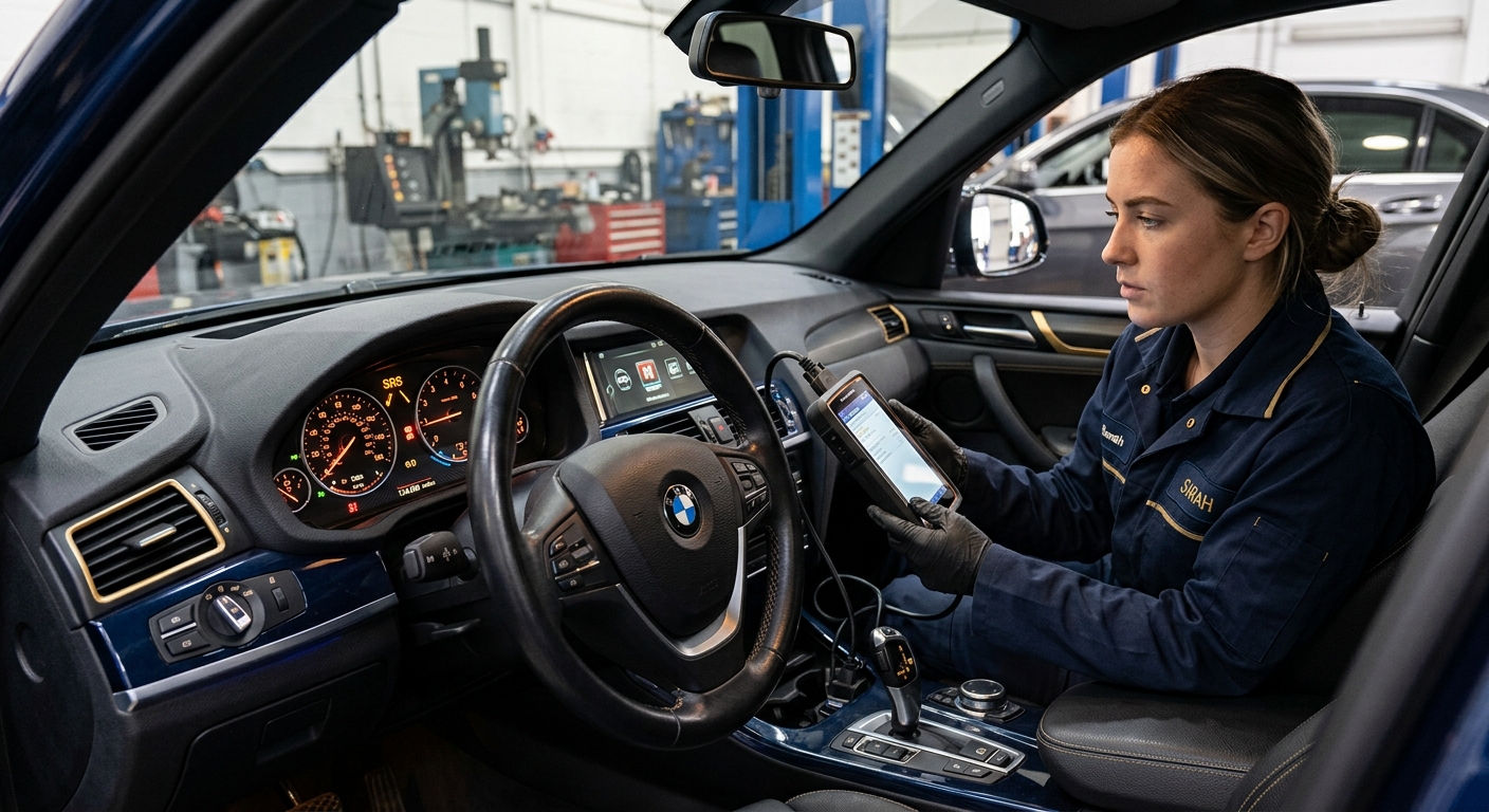 Technician scanning vehicle SRS/airbag system with diagnostic tool, B1000 ECU internal fault airbag context.