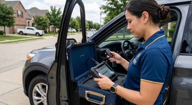 Technician programming a car key fob next to a modern vehicle in Plano