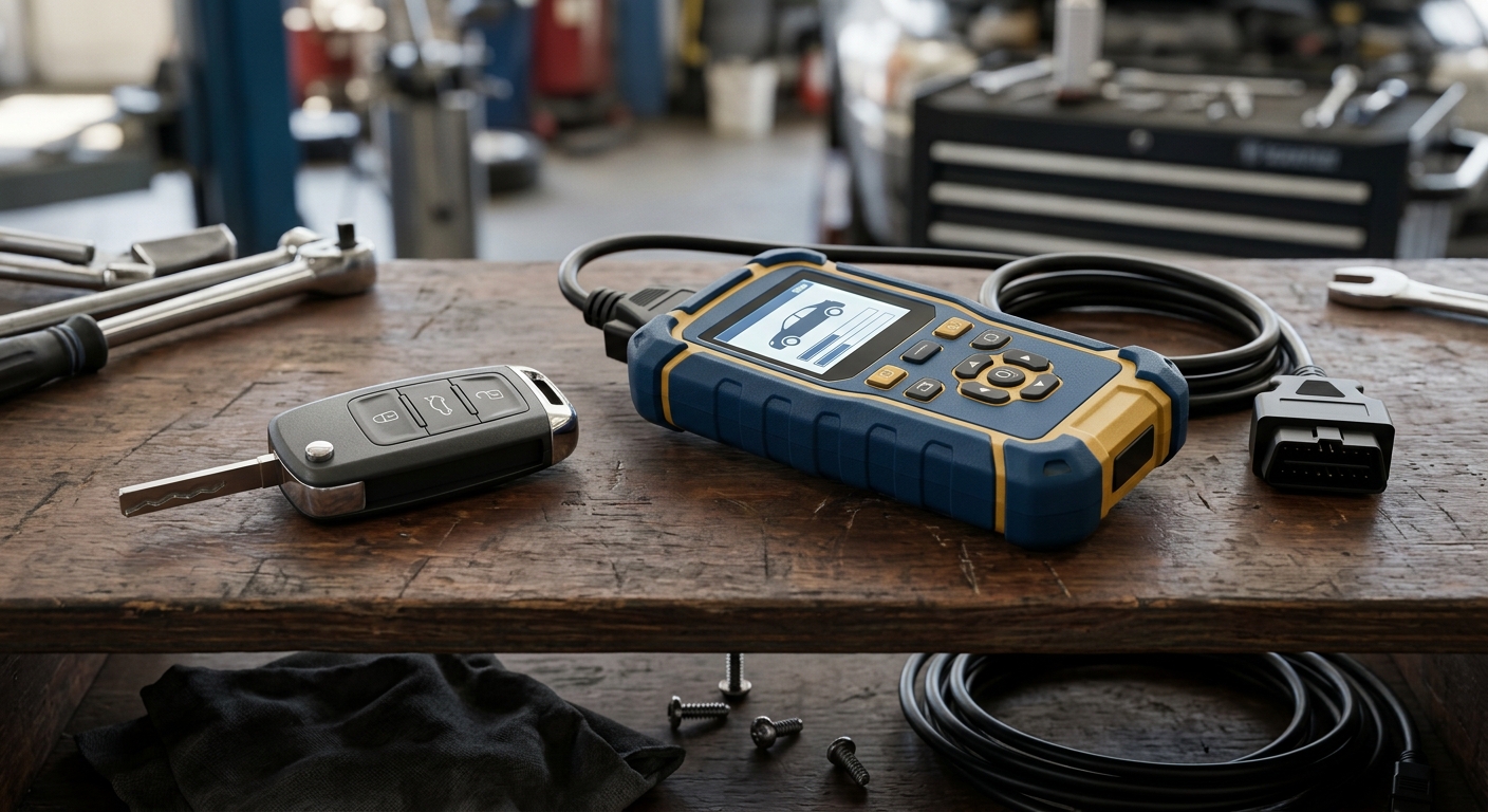 Close-up of a car key fob and programming tool on a workbench