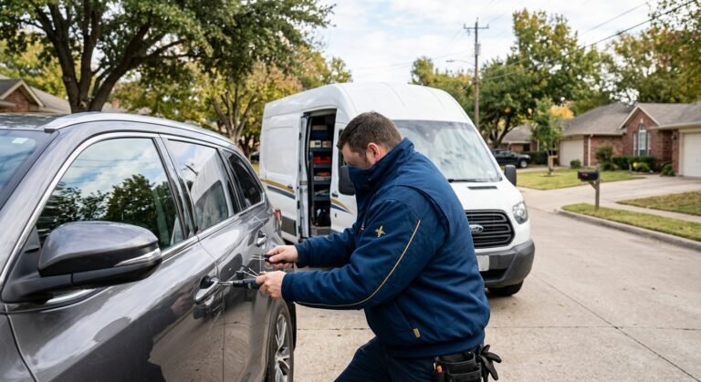 Mobile car lockout technician unlocking a vehicle in Denton, professional service van visible