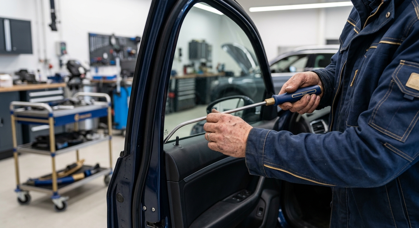 Close-up of technician using a long-reach tool to unlock a car door