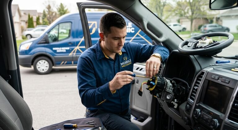 Technician replacing a clock spring behind the steering wheel in a vehicle