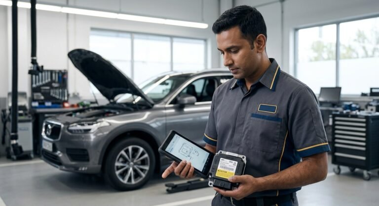Technician holding airbag control module while running diagnostics on tablet, airbag crash data reset topic.