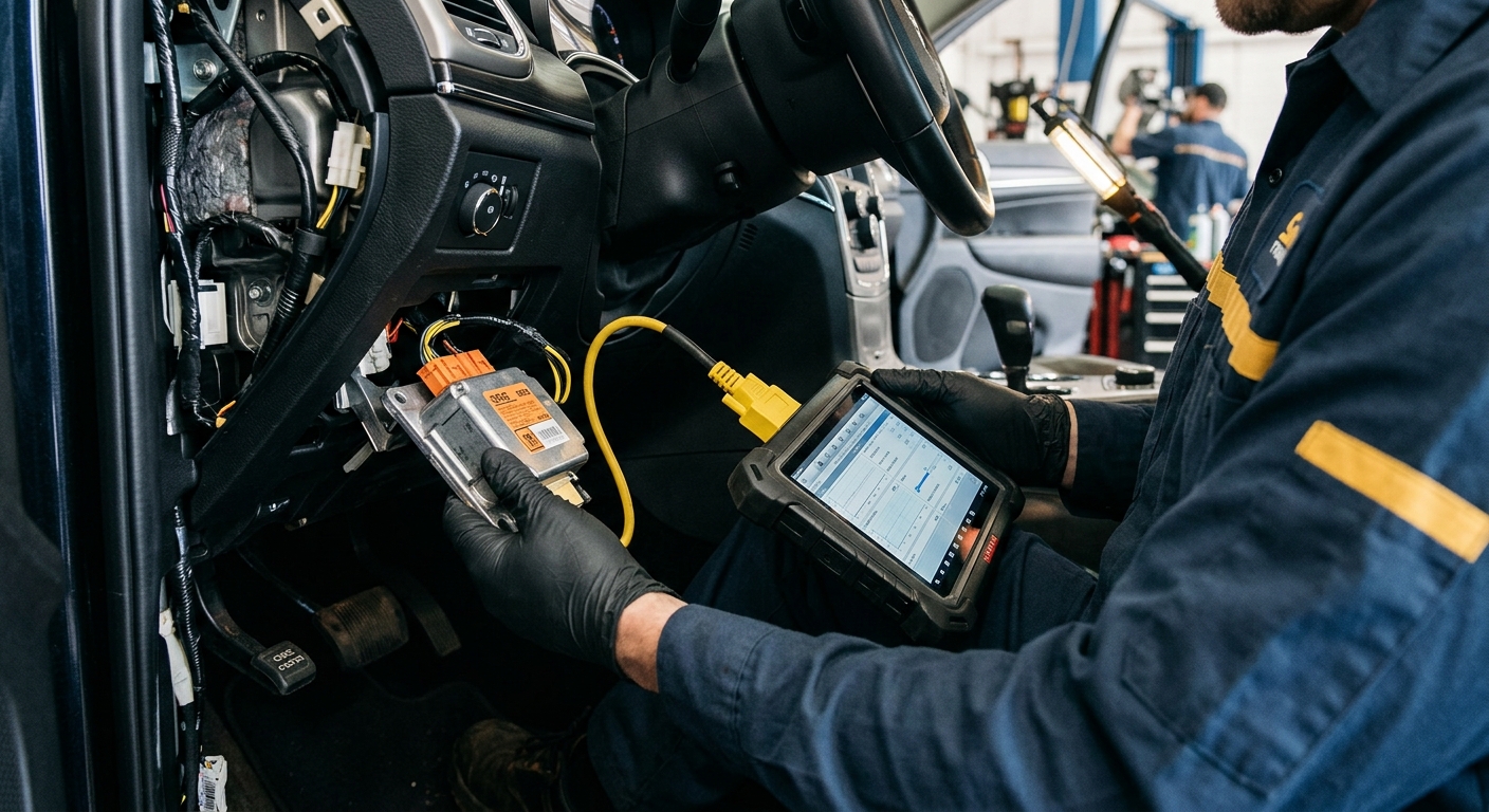 Diagnostic tablet connected to airbag module showing SRS codes during inspection.