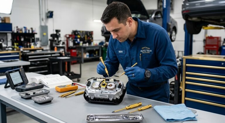 Technician inspecting an airbag module after deployment, SRS module reset process.