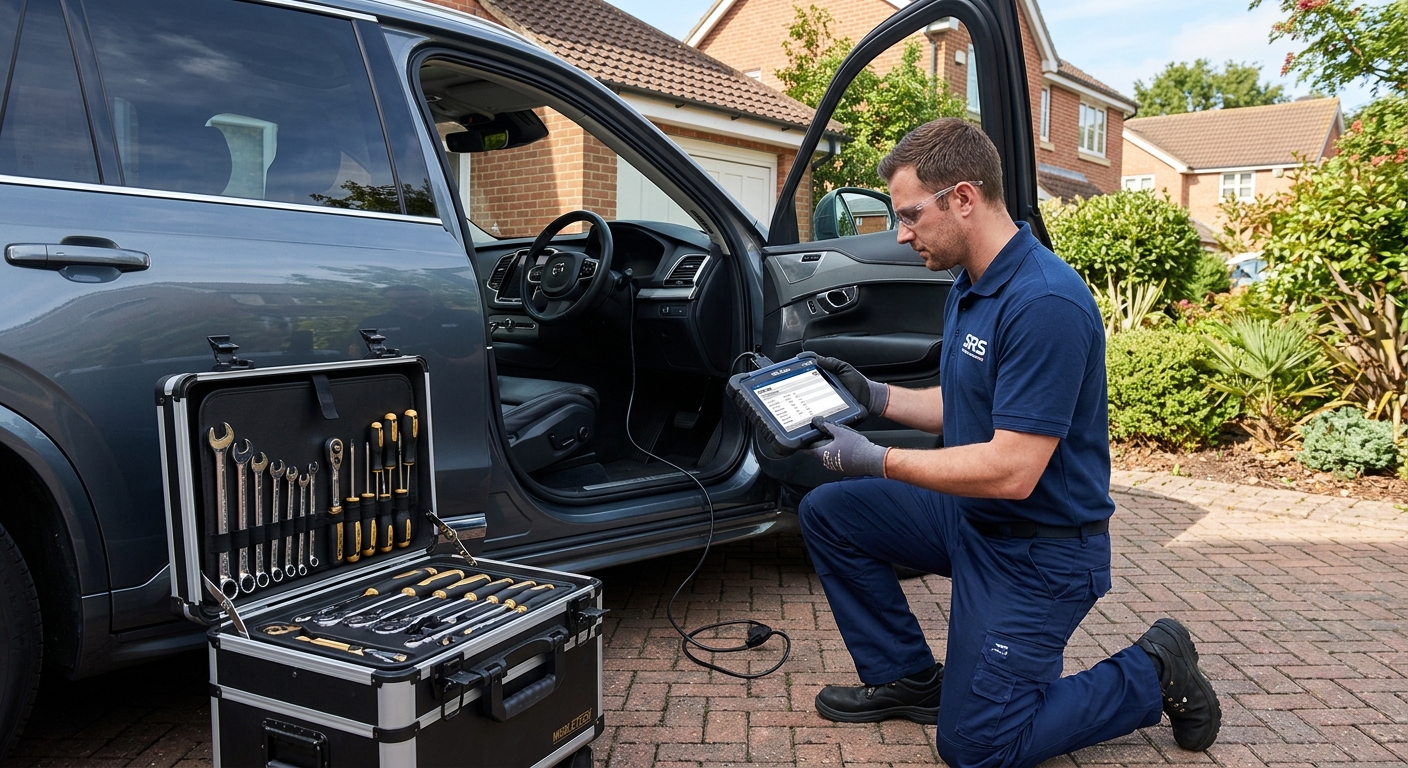 Mobile technician using SRS scan tool at a vehicle to check airbag codes.