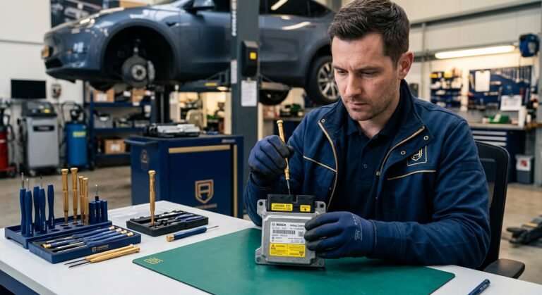 Technician holding an airbag control module ready for mail-in reset, Fort Worth service
