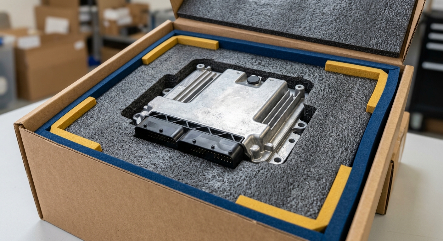 Properly packaged airbag module in foam-lined shipping box ready for transport