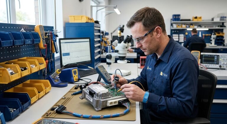 Technician inspecting an airbag control module after an accident, SRS reset service