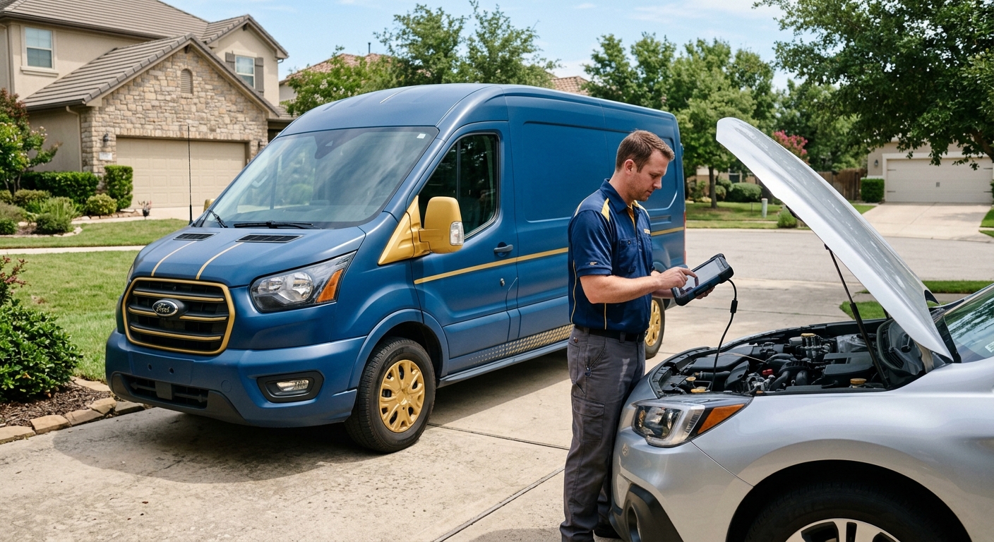 Mobile technician diagnosing a vehicle's airbag system at a customer's home