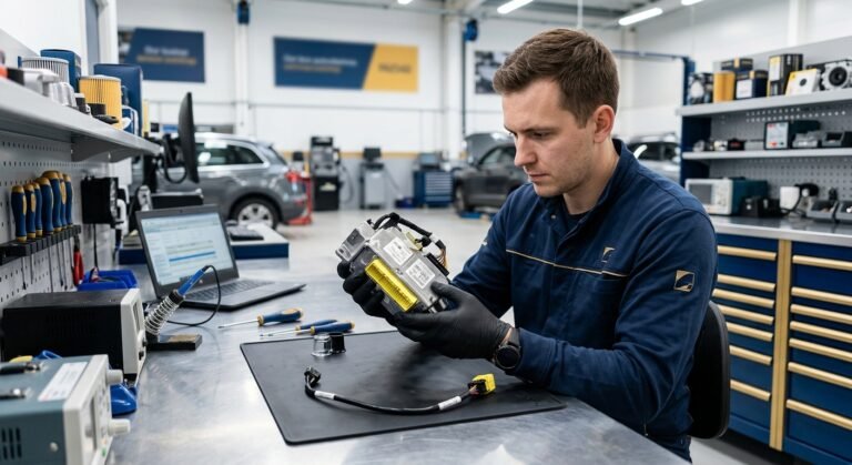 Technician inspecting an airbag control module for a mail-in airbag module reset service.