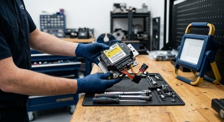 Technician handling an airbag control module for mail-in airbag module reset service.