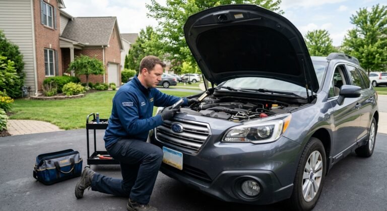 Technician performing a pre-purchase vehicle inspection on a used car in Plano, checking under the hood.