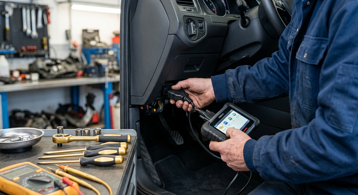 OBD-II scanner connected to a car during a pre-purchase inspection, technician checking codes.