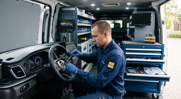 Technician replacing a clock spring behind a steering wheel in a mobile service van, focusing on the steering column.