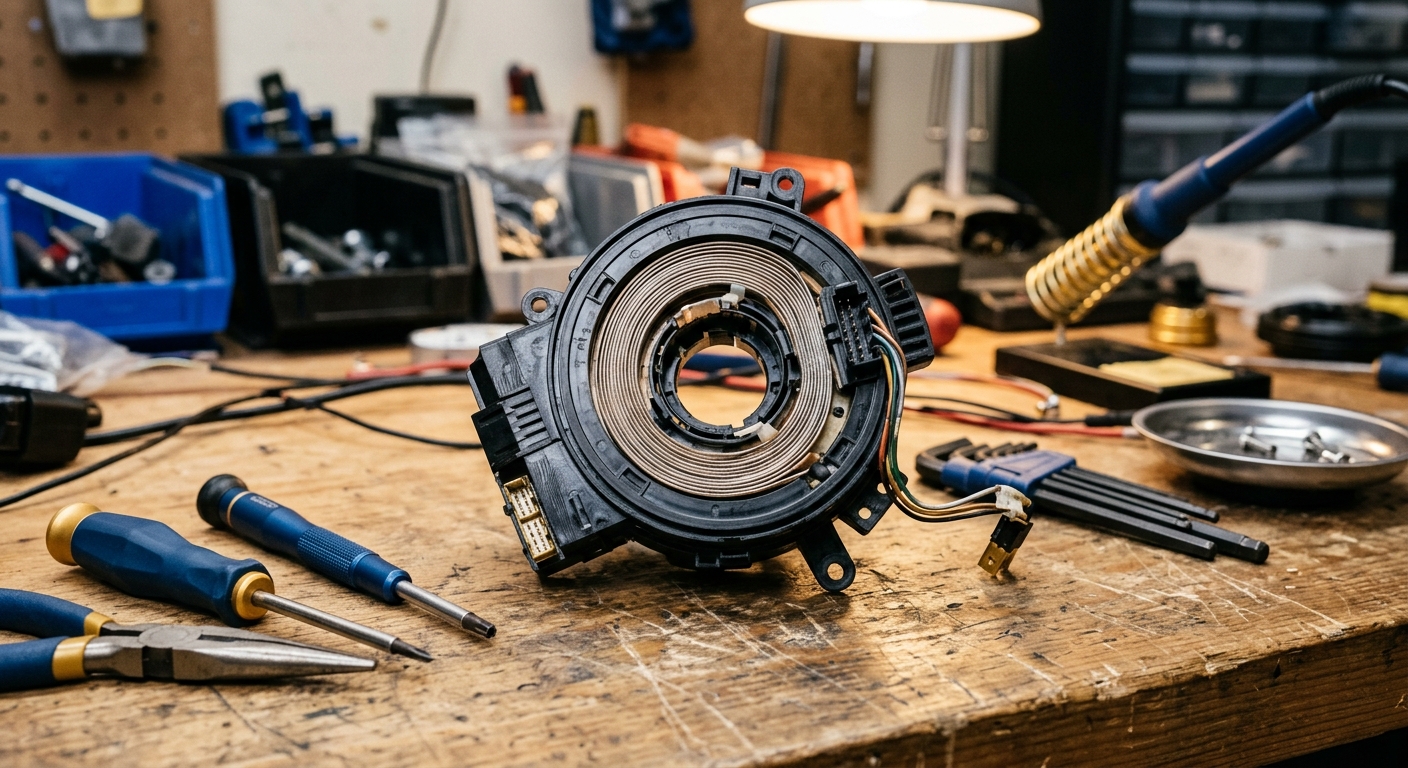 Close-up of a clock spring (spiral cable) on a workbench next to tools.