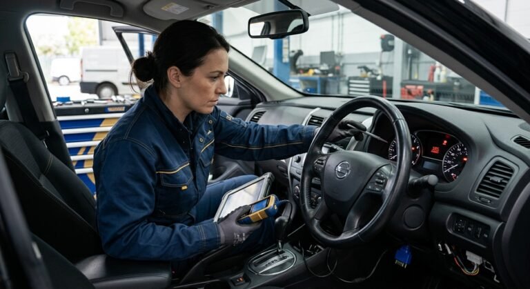 Technician inspecting vehicle dashboard with airbag light illuminated after accident