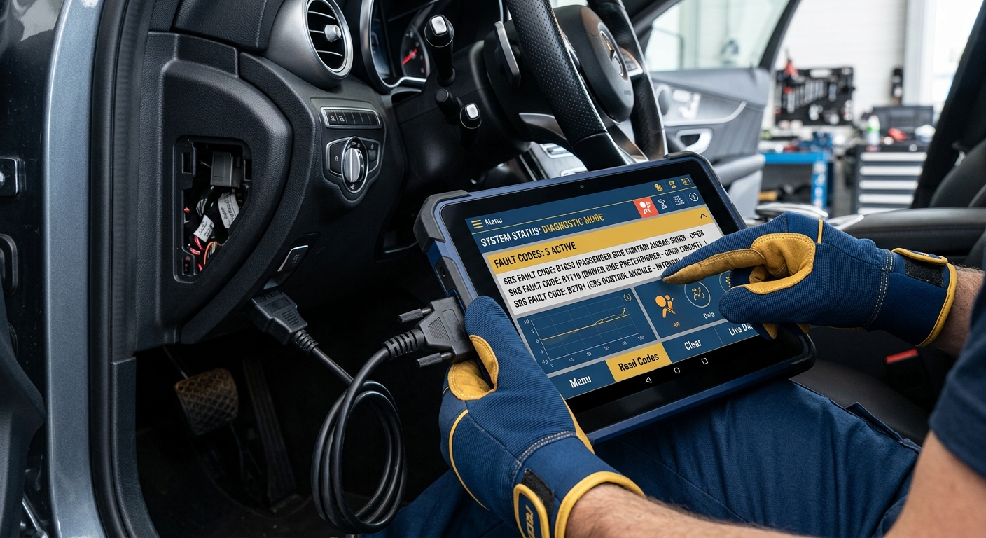 Diagnostic tablet showing SRS fault codes connected to vehicle OBD-II port
