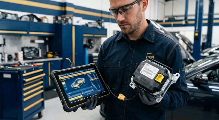 Technician holding SRS airbag module and diagnostic tablet for module reset after deployment