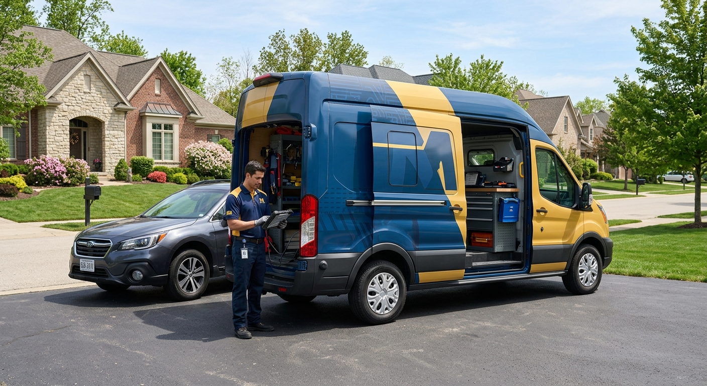 Mobile technician with diagnostic tools at a vehicle in Fort Worth for SRS module service